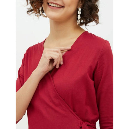 Rosolly Women's Cotton Wrap 3-4th Sleeves Above Knee Dress (Maroon)