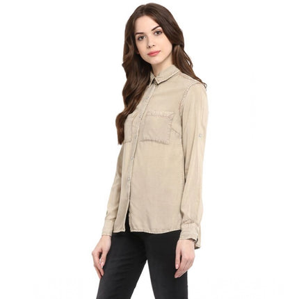 Rosolly Women's Rayon Solid Long Sleeves Standard Length Shirt (Beige)