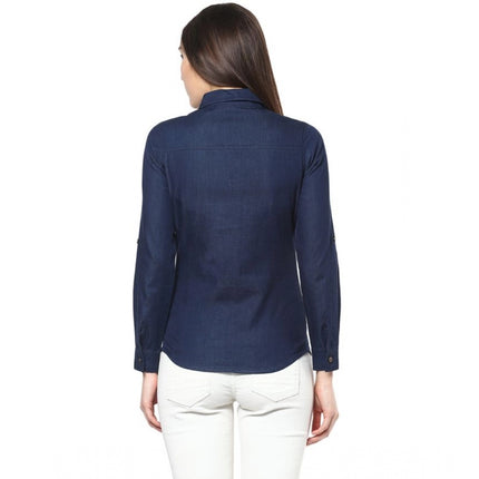 Rosolly Women's Denim Patch Work Long Sleeves Standard Length Shirt (Blue)