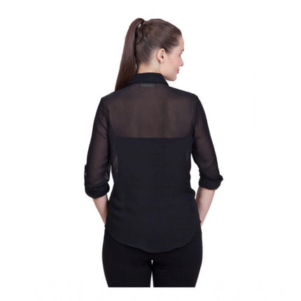 Rosolly Women's Polyester Printed Roll Up Sleeve Standard Length Shirt (Black)