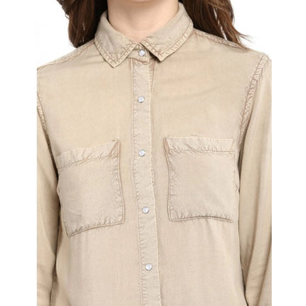 Rosolly Women's Rayon Solid Long Sleeves Standard Length Shirt (Beige)