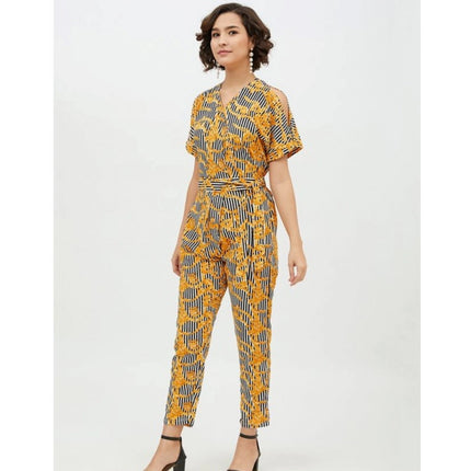 Rosolly Women's Polyester Printed Half Sleeve Long Jumpsuit (Yellow)