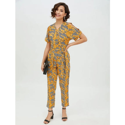 Rosolly Women's Polyester Printed Half Sleeve Long Jumpsuit (Yellow)