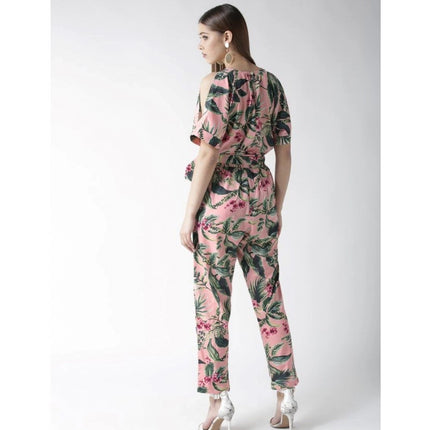 Rosolly Women's Polyester Floral Half Sleeve Jumpsuit (Pink)