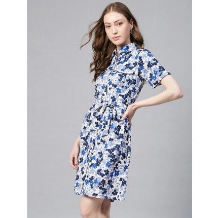 Rosolly Women's Polyester Floral Short Sleeve Above Knee Dress (Blue - White)