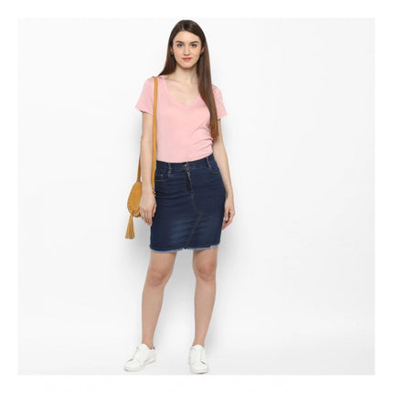 Rosolly Women's Denim Stitching Pattern Buttoned Skirt (Blue)