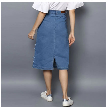 Rosolly Women's Denim Washed Buttoned Skirt (Blue)