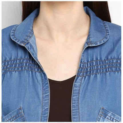 Rosolly Women's Denim Smocking 3-4th Sleeves Shrug (Blue)