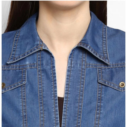 Rosolly Women's Denim Solid 3-4th Sleeves Shrug (Blue)
