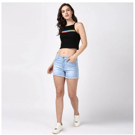 Rosolly Women's Denim Solid Buttoned Shorts (Blue)
