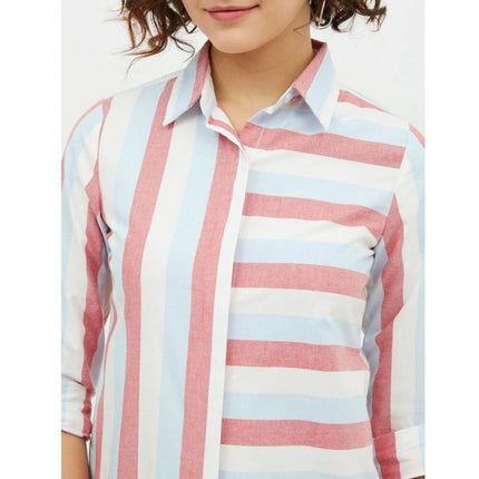 Rosolly Women's Cotton Striped Long Sleeves Standard Length Shirt (Pink)
