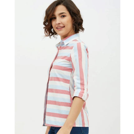 Rosolly Women's Cotton Striped Long Sleeves Standard Length Shirt (Pink)