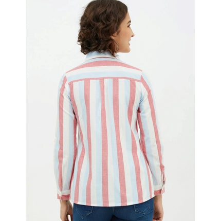Rosolly Women's Cotton Striped Long Sleeves Standard Length Shirt (Pink)