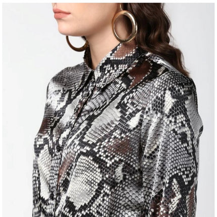 Rosolly Women's Satin Animal Print Long Sleeves Standard Length Shirt (Black - Grey)