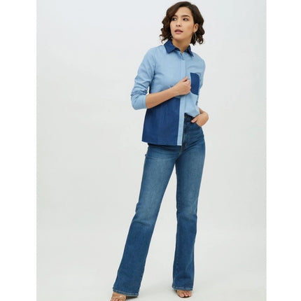 Rosolly Women's Denim Patch Work Long Sleeves Standard Length Shirt (Blue)
