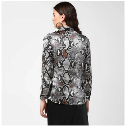Rosolly Women's Satin Animal Print Long Sleeves Standard Length Shirt (Black - Grey)
