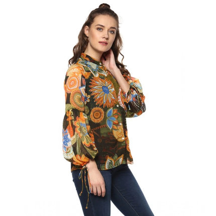 Rosolly Women's Polyester Floral Balloon Sleeve Top (Mustard - Olive)