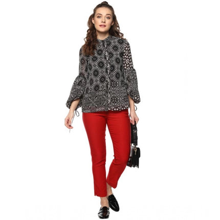 Rosolly Women's Polyester Printed Balloon Sleeve Top (Black - White)