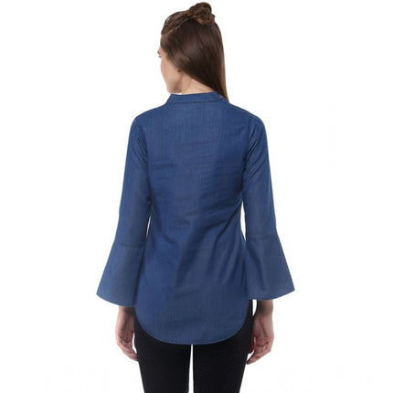 Rosolly Women's Denim Solid Bell Sleeve Regular Top (Blue Denim)