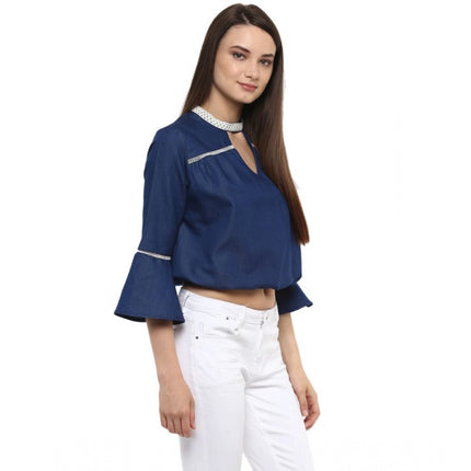 Rosolly Women's Polyester Solid Bell Sleeve Regular Top (Blue)