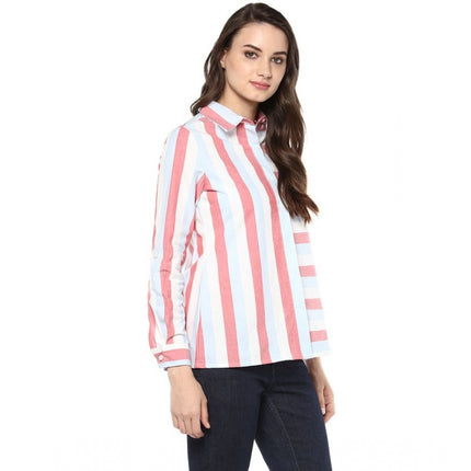 Rosolly Women's Cotton Striped Roll Up Sleeve Regular Top (Red)