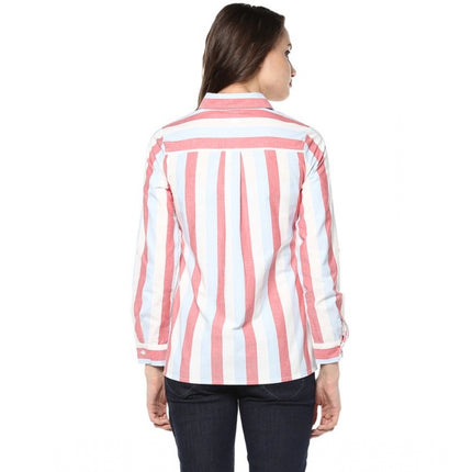 Rosolly Women's Cotton Striped Roll Up Sleeve Regular Top (Red)