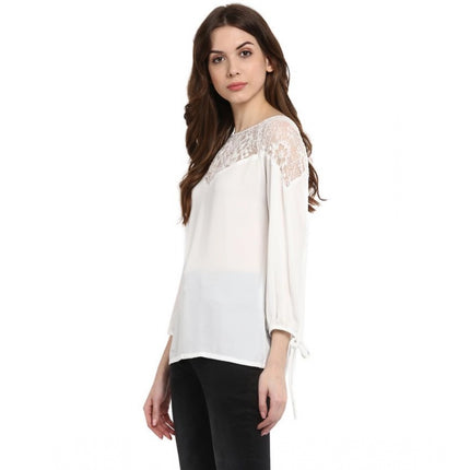Rosolly Women's Polyester Georgette Self Design 3-4th Sleeves Regular Top (White)