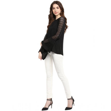 Rosolly Women's Polyester Georgette Self Design Bell Sleeve Regular Top (Black)