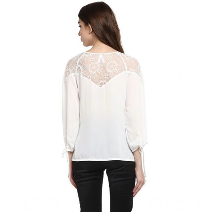 Rosolly Women's Polyester Georgette Self Design 3-4th Sleeves Regular Top (White)