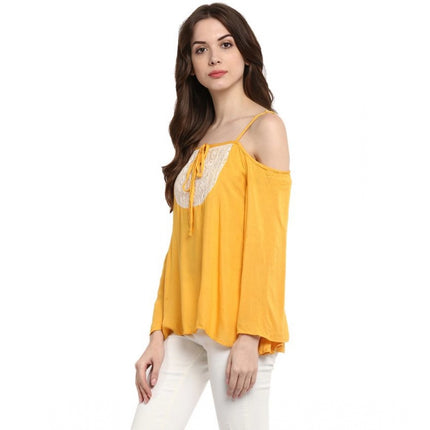Rosolly Women's Rayon Embellished Cold Shoulder Regular Top (Mustard Yellow)