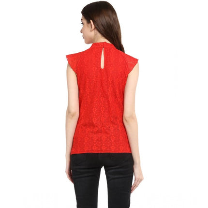 Rosolly Women's Cotton Lace Embellished Cap Sleeve Regular Top (Red)