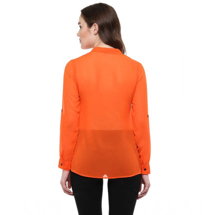 Rosolly Women's Polyester Solid Long Sleeves Regular Top (Orange)
