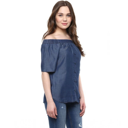 Rosolly Women's Denim Solid Short Sleeve Regular Top (Blue)