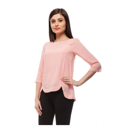 Rosolly Women's Polyester Solid 3-4th Sleeves Regular Top (Peach)