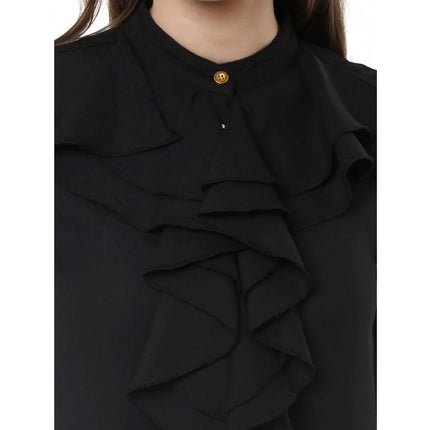 Rosolly Women's Polyester Ruffled Long Sleeves Top (Black)