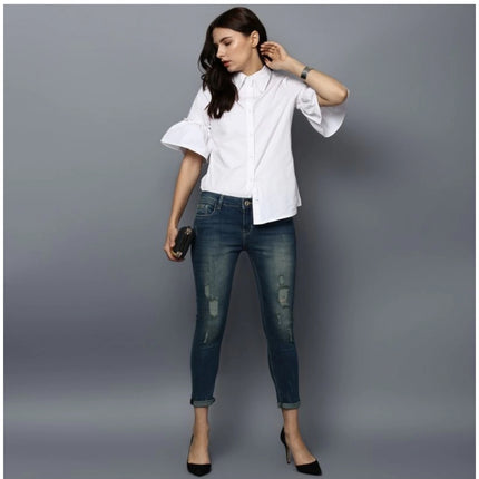 Rosolly Women's Cotton Solid Bell Sleeve Top (White)