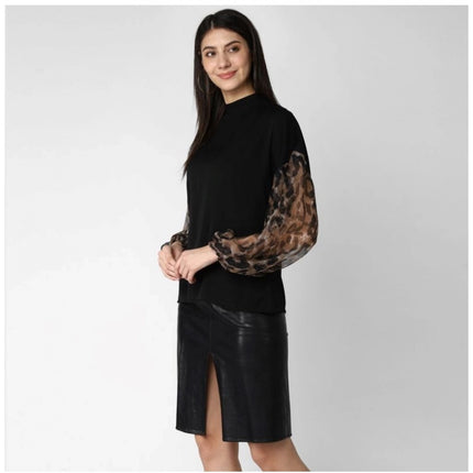 Rosolly Women's Polyester Animal Print Long Sleeves Top (Black)