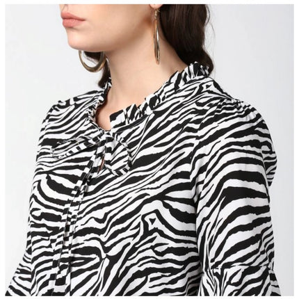 Rosolly Women's Polyester Animal Print Bell Sleeve Top (Black - White)