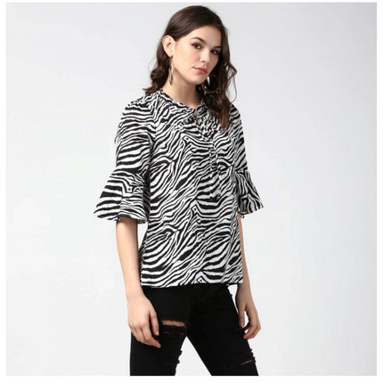 Rosolly Women's Polyester Animal Print Bell Sleeve Top (Black - White)
