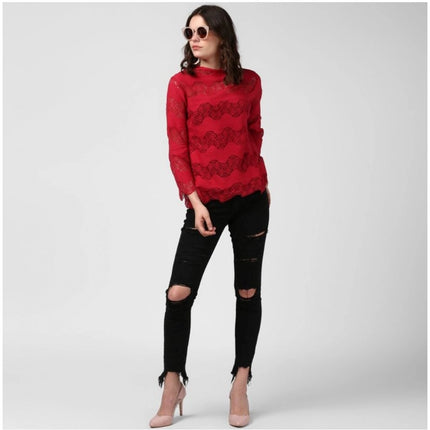 Rosolly Women's Cotton Self Design Long Sleeves Top (Maroon)