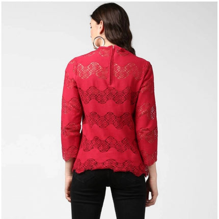 Rosolly Women's Cotton Self Design Long Sleeves Top (Maroon)