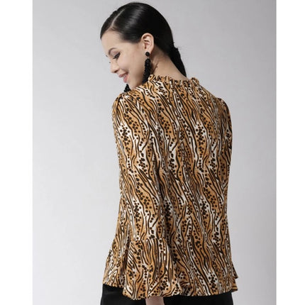 Rosolly Women's Polyester Printed Bell Sleeve Top (Orange - Black)