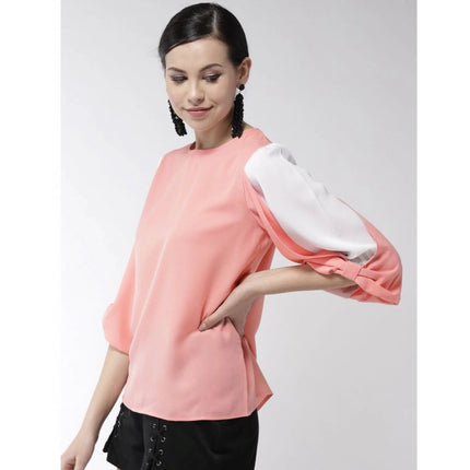 Rosolly Women's Polyester Colour Block Slit Sleeve Top (Pink)