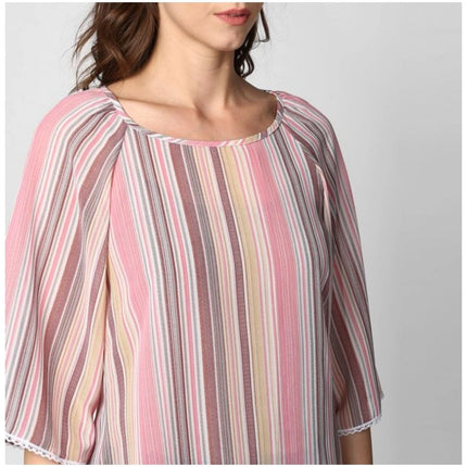 Rosolly Women's Polyester Striped 3-4th Sleeves Top (Pink)