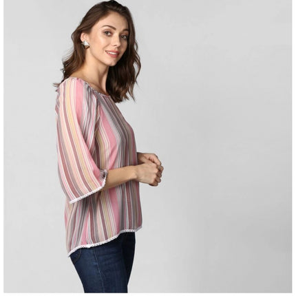 Rosolly Women's Polyester Striped 3-4th Sleeves Top (Pink)