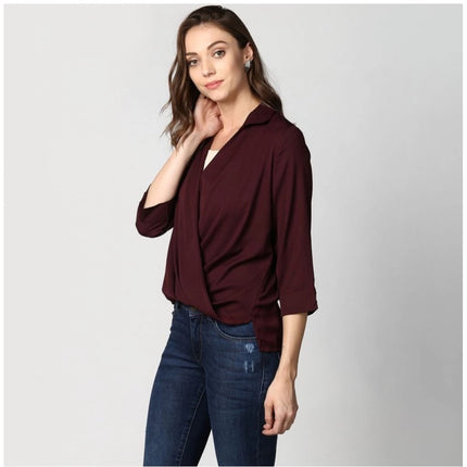 Rosolly Women's Polyester Solid 3-4th Sleeves Top (Maroon)