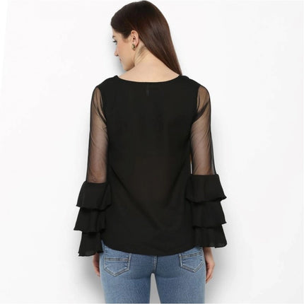 Rosolly Women's Polyester Solid Tier Sleeve Top (Black)