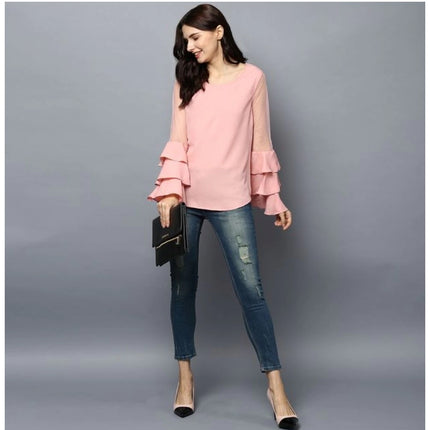 Rosolly Women's Polyester Solid Tier Sleeve Top (Pink)