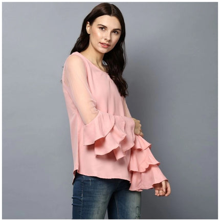 Rosolly Women's Polyester Solid Tier Sleeve Top (Pink)
