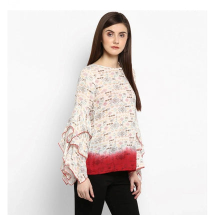 Rosolly Women's Rayon Crepe Printed Ruffle Sleeve Top (Off White - Red)